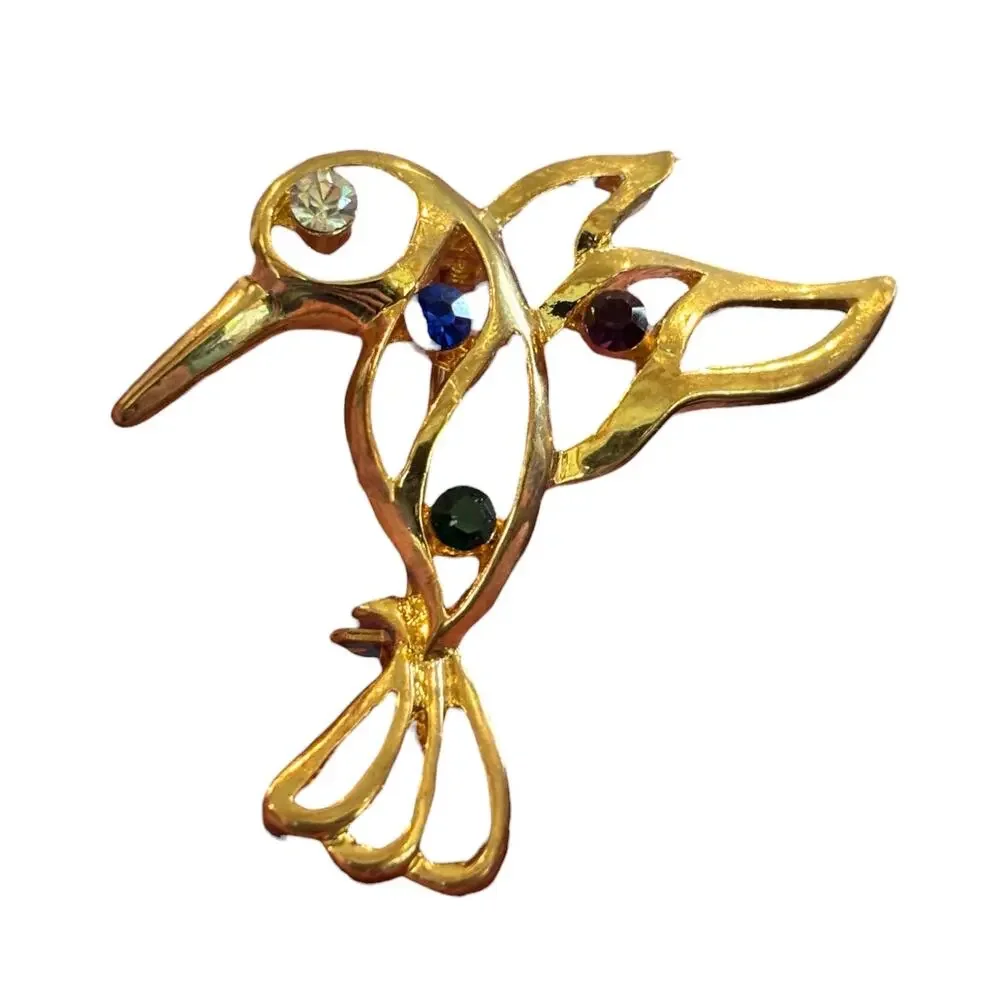 Vintage Abstract Hummingbird Brooch Color Rhinestone Gold Tone Modernist Bird